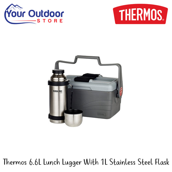 Thermos 6.6L Lunch Lugger With 1L Stainless Steel Flask | Hero Image Showing All Logos And Titles.