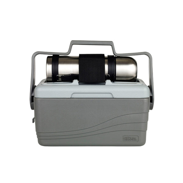Grey | Thermos 6.6L Lunch Lugger With 1L Stainless Flask Image Showing Front View With Flask Attached On To The Lunch Lugger For Easy Transport And Storage.