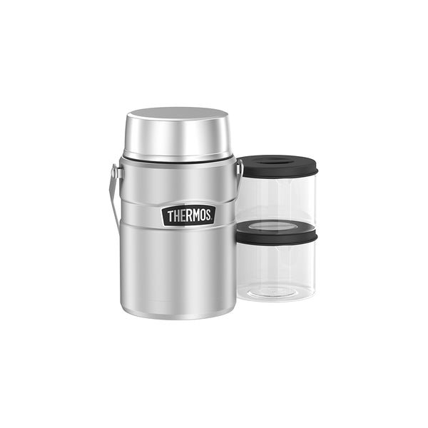 Stainless Steel | Thermos Stainless King Big Boss Food Jar Image Showing Lid On With Both Food Container Out Of The Jar.
