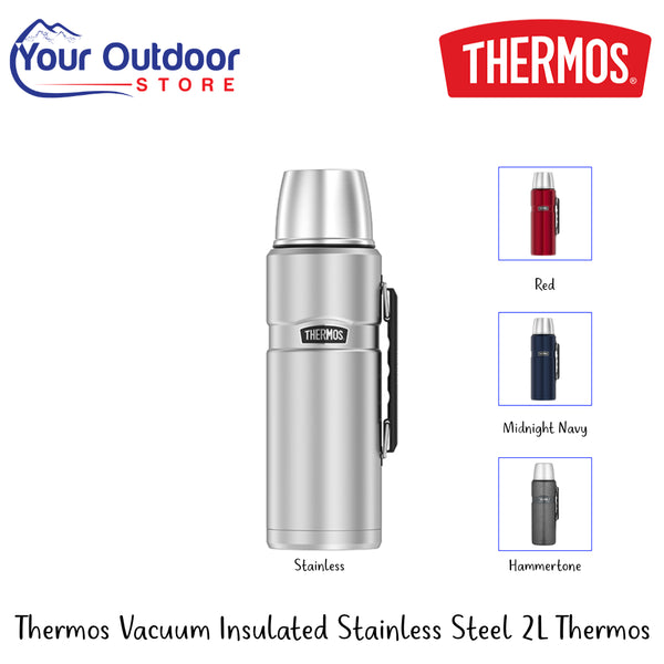 Thermos vacuum Insulated Stainless Steel 2L Thermos | Hero Image Showing All Logos, Titles And Variants.