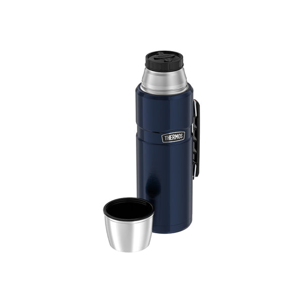 Midnight Navy / 2L | Thermos Vacuum Insulated Stainless Steel Thermos Image Showing Angled Front View With Cap Off.