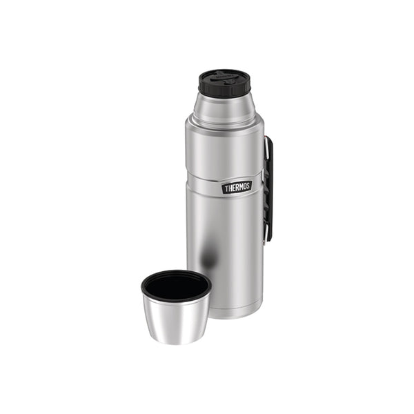 Stainless / 2L | Thermos Vacuum Insulated  Stainless Thermos Image Showing Angled Front View, With Cap Off.