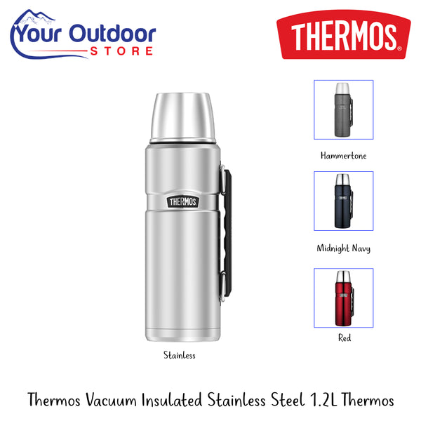 Thermos Vacuum Insulated Stainless Steel 1.2L Thermos |  Hero Image Showing All Logos, Titles And Variants.