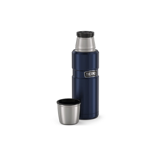 Midnight Blue / 470ml | Thermos Vacuum Insulated Stainless Steel Thermos Image Showing Angled Front View With Cap Off.