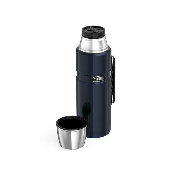 Midnight Navy / 1.2L | Thermos Vacuum Insulated Stainless Steel Thermos Image Showing Angled Front View With Cap Off.