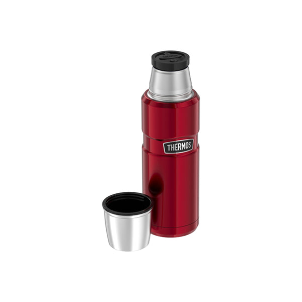 Red / 470ml | Thermos Vacuum Insulated Stainless Steel Thermos Image Showing Angled Front View, With Cap Off.