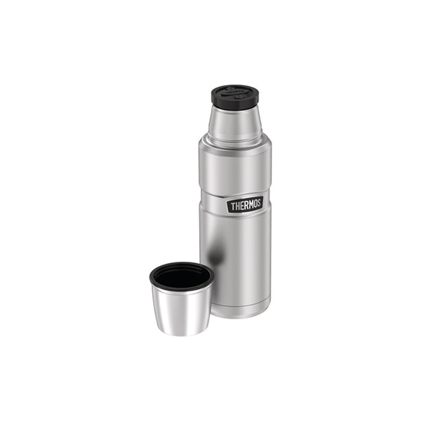 Stainless / 470ml | Thermos Vacuum Insulated Stainless Steel Thermos Image Showing Angled Front View, With Cap off.
