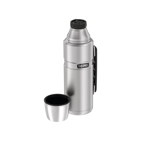 Stainless / 1.2L | Thermos Vacuum Insulated Stainless Thermos Image Showing Angled Front View, With Cap Off.