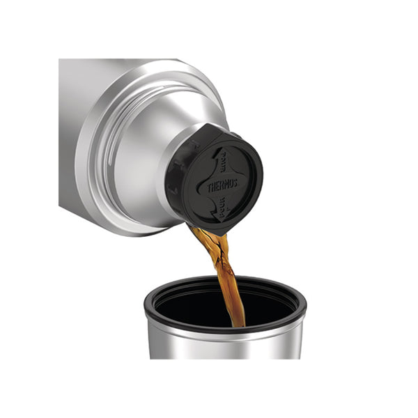 Stainless / 1.2L | Thermos Vacuum Insulated Stainless Thermos Image Showing Coffee Being Poured Into The Serving Cup.