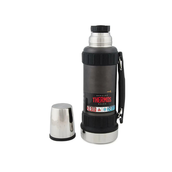 Grey | Thermos Work Series Vacuum Insulated Flask Image Showing Flask With Packaging On And Cap Off The Flask.