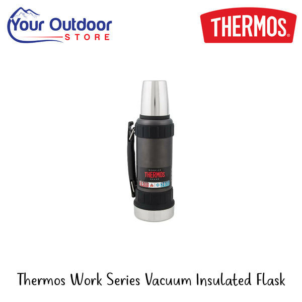 Thermos Work Series Vacuum Insulated Flask | Hero Image Showing All Logos And Titles.