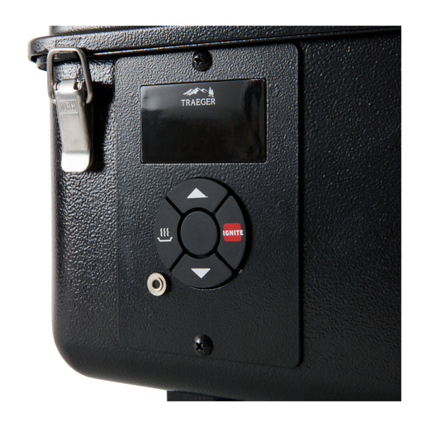 Traeger Ranger Portable Pellet Grill. Front View, Showing Control Panel and Close Up of Lid Clips. 