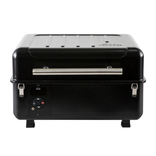 Traeger Ranger Portable Pellet Grill. Front View, Showing Lid Closed and Clipped Up. 
