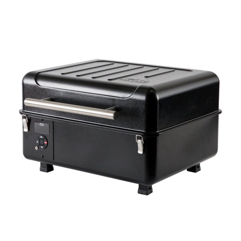 Traeger Ranger Portable Pellet Grill. Angled Front View, Showing Lid Closed and Clipped Up. 