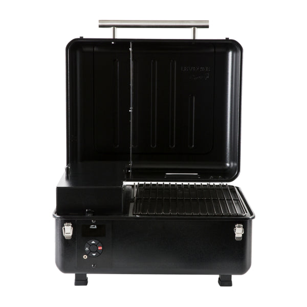 Traeger Ranger Portable Pellet Grill. Front View, Showing Lid Open and Front Control Panel.