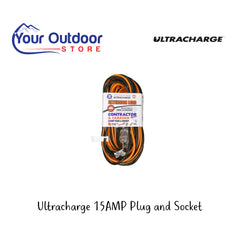 Ultracharge 15 AMP Plug and Socket Extension Lead. Hero Image Showing Logos and Title. 