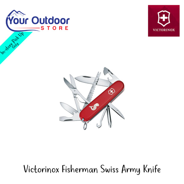 Victorinox Fisherman Swiss Army Knife | Hero Image Showing All Logos And Titles.