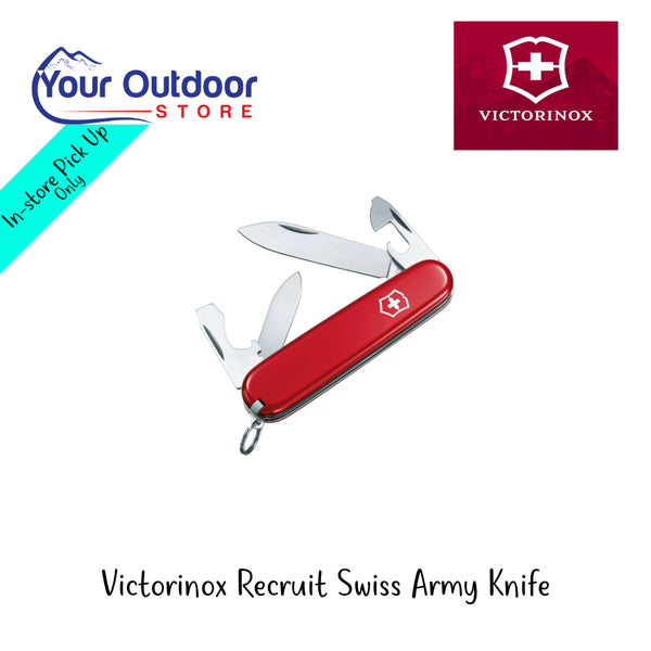 Victorinox Recruit Swiss Army Knife | Hero Image Showing All Logos And Titles.