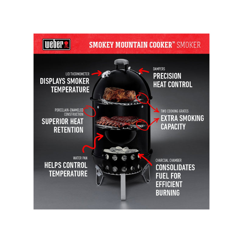 Weber 57cm Smokey Mountain Cooker | Image Showing All Features.