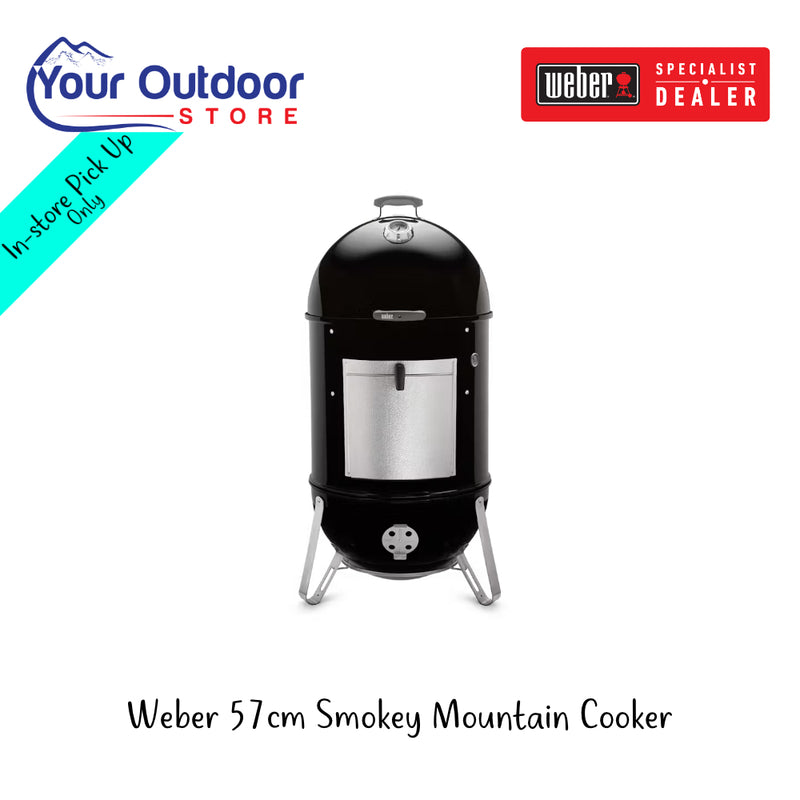 Weber 57cm Smokey Mountain Cooker | Hero Image Showing All Logos And Titles.