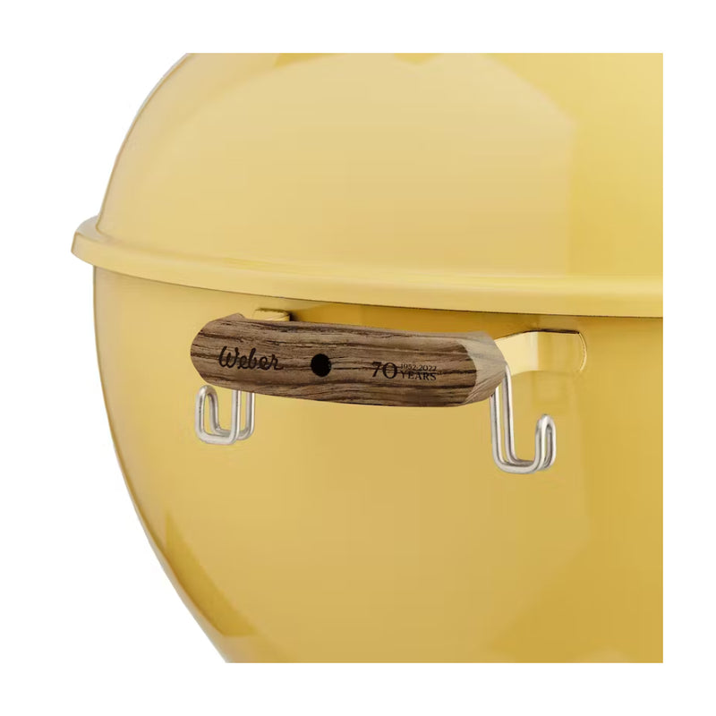 Hot Rod Yellow | Weber Charcoal Kettle. Lid Closed Showing Handle and Utensil Hooks. 