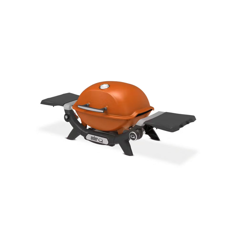 Sunset Orange | Weber Baby Q Limited Edition Premium BBQ (Q1200N) Image Showing Angled Side View, With Ignition Button In View.