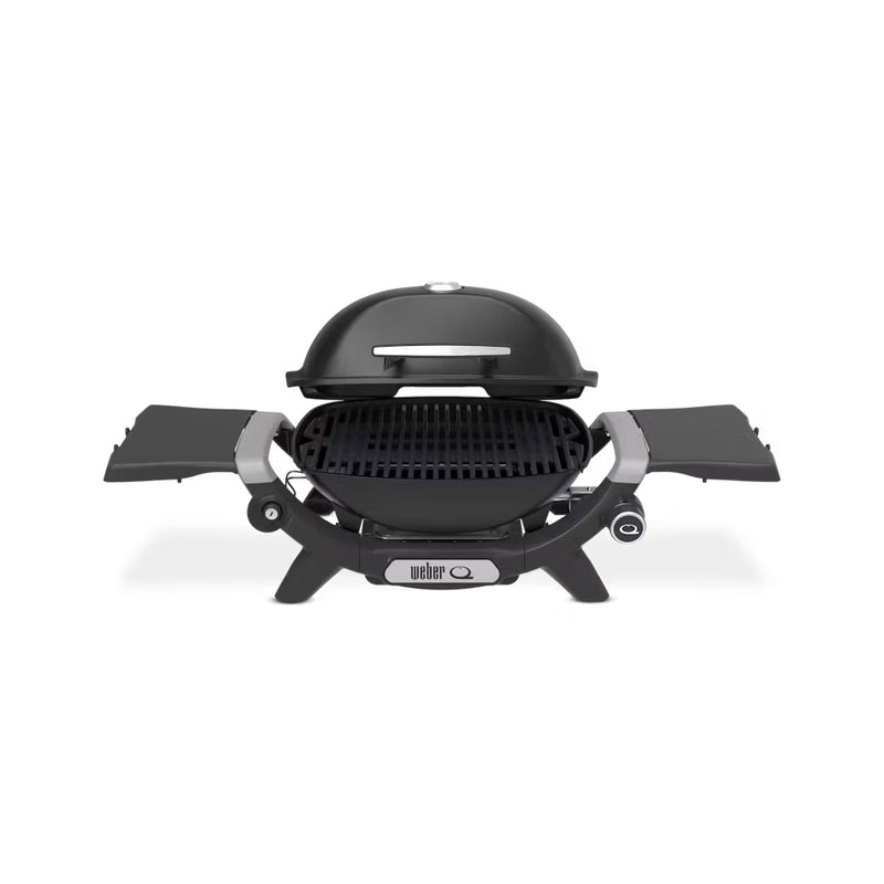 Midnight Black | Weber Baby Q (Q1200N) Premium Barbecue Image Showing Front View,  With Lid Up.