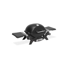 Midnight Black | Weber Baby Q (Q1200N) Premium Barbecue Image Showing Angled Side View.