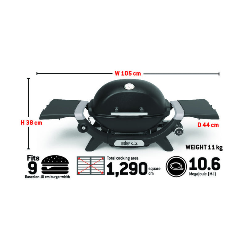 Midnight Black | Weber Baby Q (Q1200N) Premium Barbecue Image Showing All Specifications.