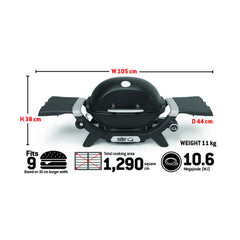 Midnight Black | Weber Baby Q (Q1200N) Premium Barbecue Image Showing All Specifications.