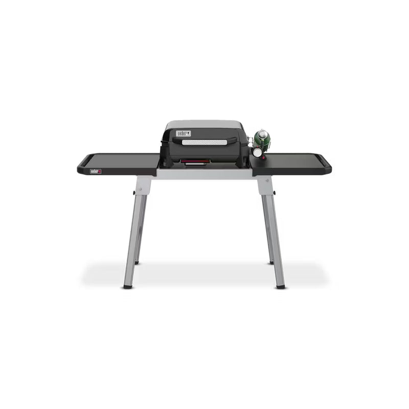 Weber Expandab0le Stand | Image Showing Table Extended With BBQ (Sold separately) On Top, Lid Closed.