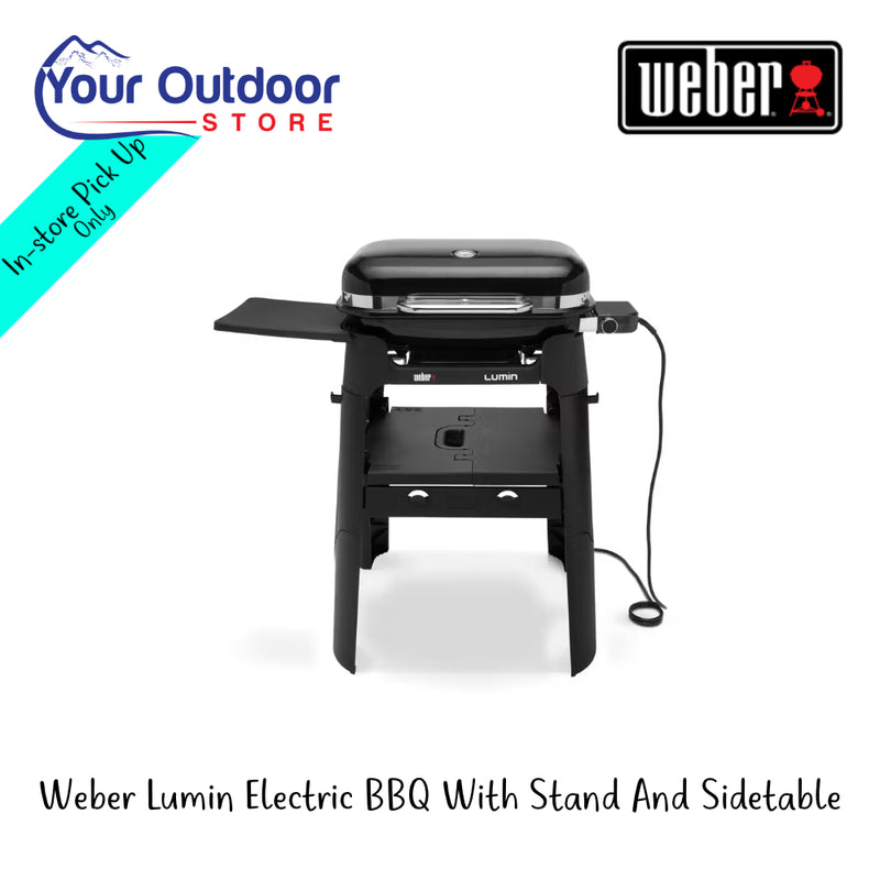 Weber Lumin Electric BBQ With Stand Ans Side Table | Hero Image Showing All Logos And Titles.