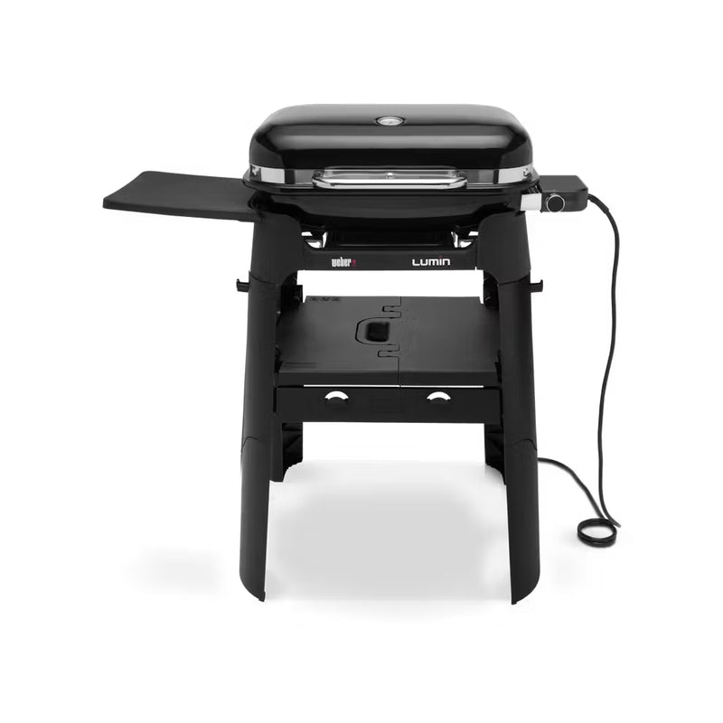 Black | Weber Lumin Electric BBQ With Stand And Side Table Image Showing No Logos or Titles.
