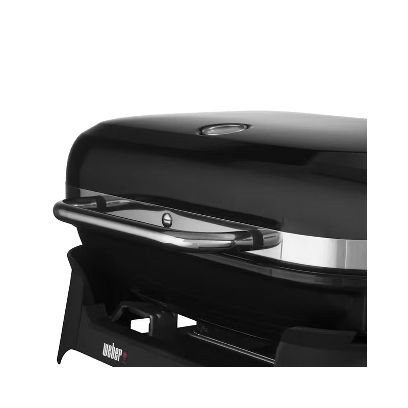 Black | Weber Lumin Electric BBQ Image Showing Close Up View OF BBQ Lid Handle.