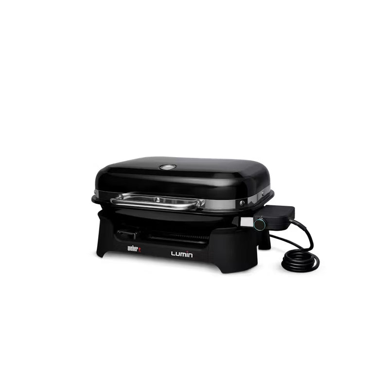 Black | Weber Lumin Electric BBQ With Stand And Side Table Image Showing BBQ Not On Stand, Angled View.
