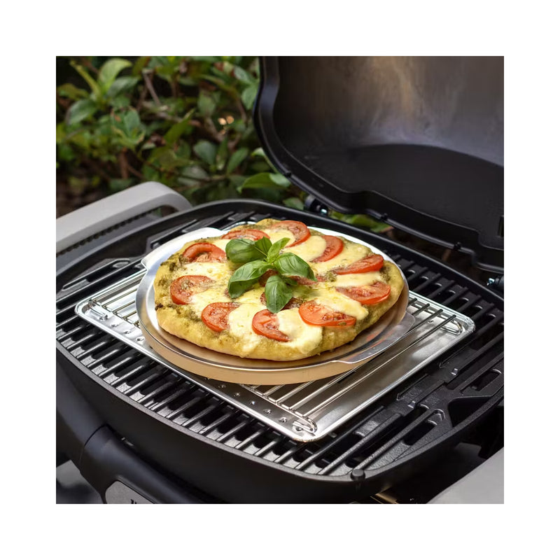 26cm | Weber Q 26cm Pizza Stone Mk 2 Image Showing Pizza Stone With A Pizza On It, In A Weber Q.