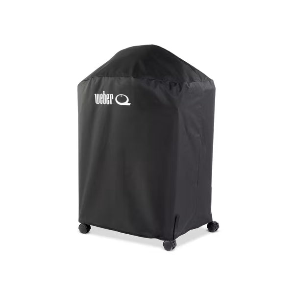 Black | Weber Q And Family Q Premium Barbecue And Cart Cover Image Showing Angled Side View.
