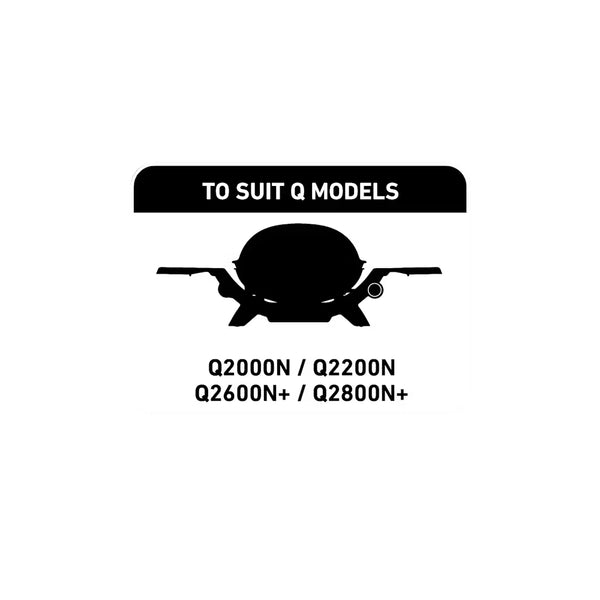 Black | Weber Q2000N Q2200N Q2600N+ Q2800+ Series Premium Barbecue Cover Image Showing Which Models The Cover Fits.