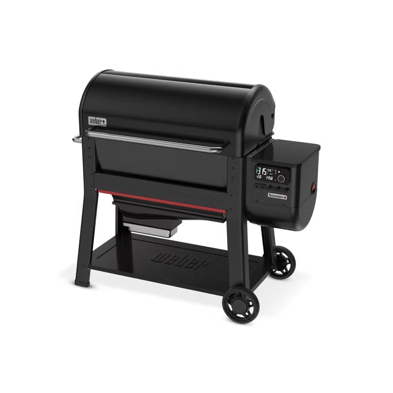 Black | Weber Searwood XL 600 Pellet BBQ Image Showing Angled Front View.