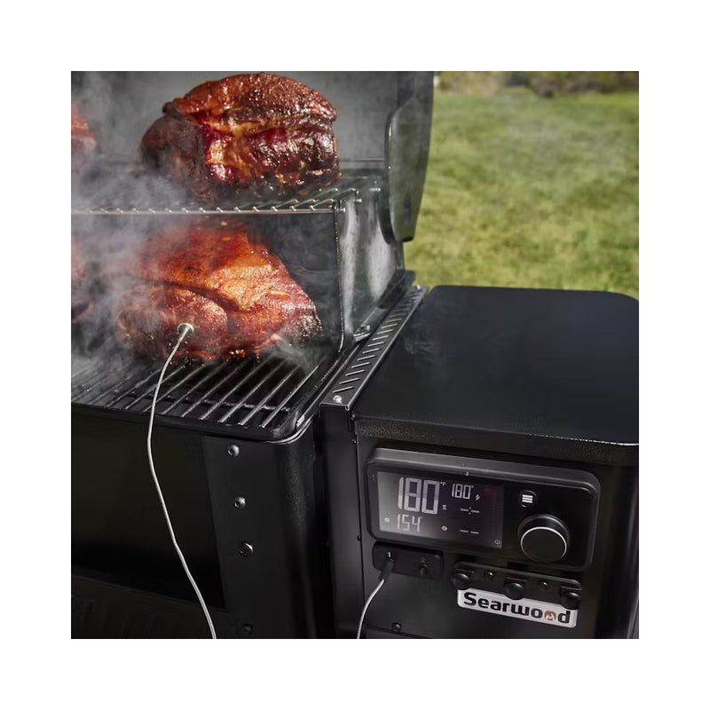 Black | Weber Searwood XL 600 Pellet BBQ Image Showing Close Up View Food Probe In Meat, And Display On.