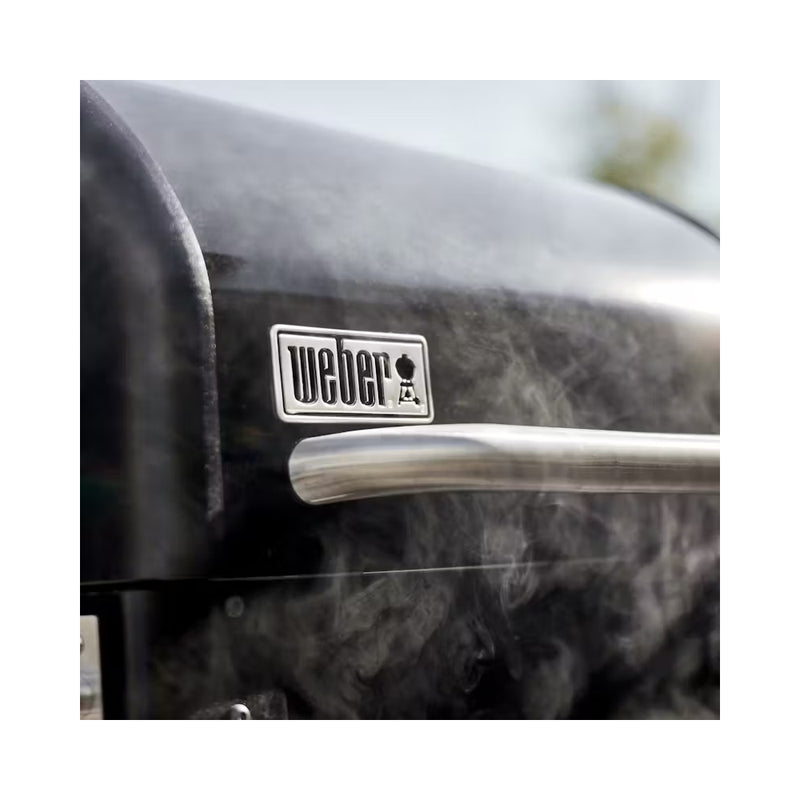 Black | Weber Searwood XL 600 Pellet BBQ Image Showing Close Up Of The Logo.