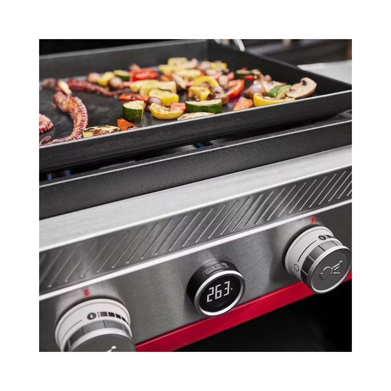 Black | Weber Slate 3 Burner Premium Griddle 30" Image Showing Close Up View Of Temp Gauge.