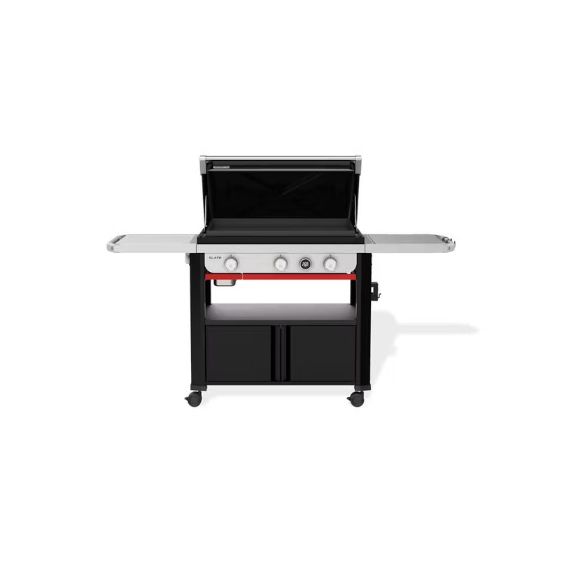 Black | Weber Slate 3 Burner Premium Griddle 30" Image Showing Front View, With Lid Up.