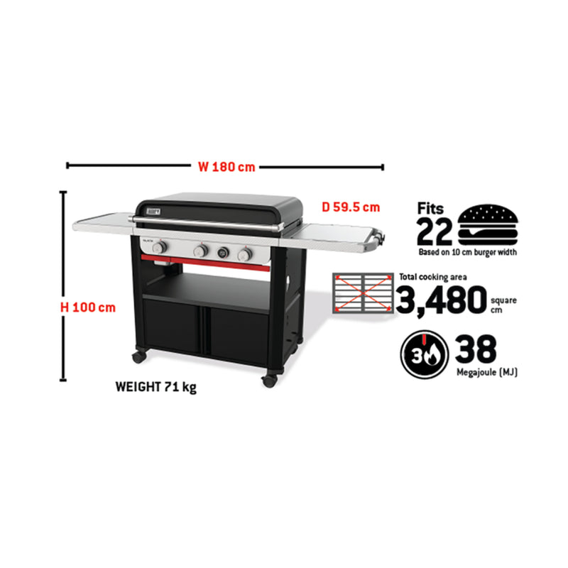 Black | Weber Slate 3 Burner Premium Griddle 30" Image Showing All Measurement's.