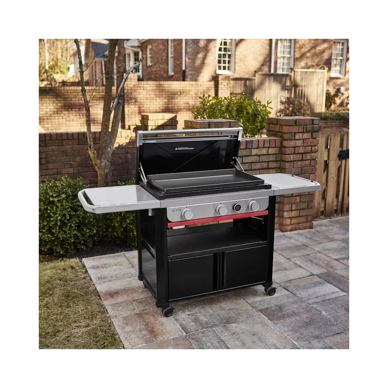 Black | Weber Slate 3 Burner Premium Griddle 30" Image Showing  BBQ With Lid Up Out Side.