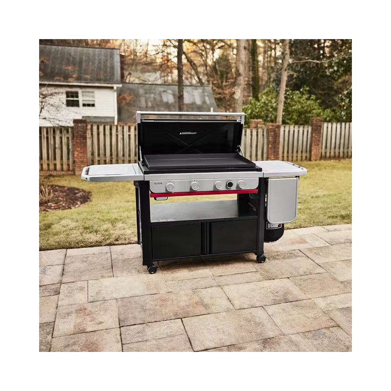Black | Weber Slate 4 Burner Premium Griddle 36'' Image Showing The BBQ Set Up Ready For Cooking Outside.