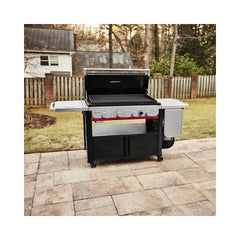 Black | Weber Slate 4 Burner Premium Griddle 36'' Image Showing The BBQ Set Up Ready For Cooking Outside.
