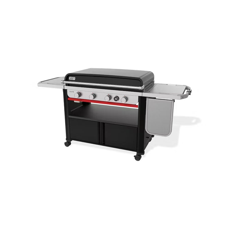 Black | Weber Slate 4 Burner Premium Griddle 36'' Image Showing Angled Side View Right To Left, Lid Down.