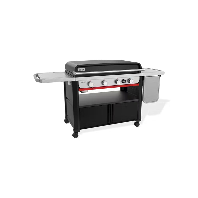 Black | Weber Slate 4 Burner Premium Griddle 36'' Image Showing Angled Front View, Left To Right Lid Down.