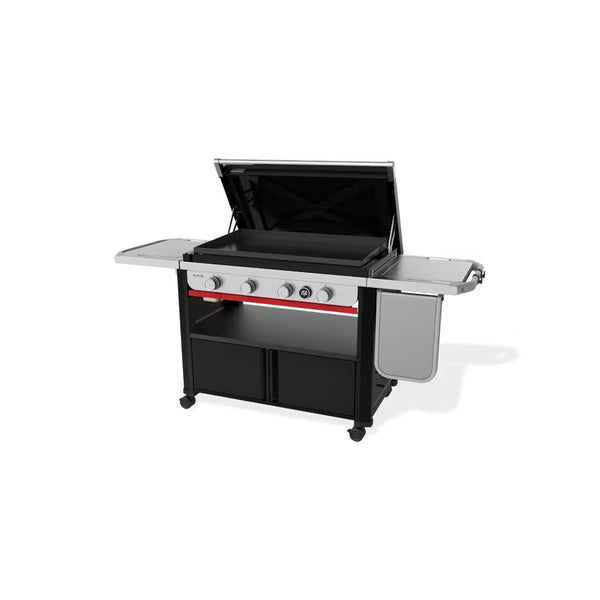Black | Weber Slate 4 Burner Premium Griddle 36'' Image Showing Angled View Right To Left Lid Up.